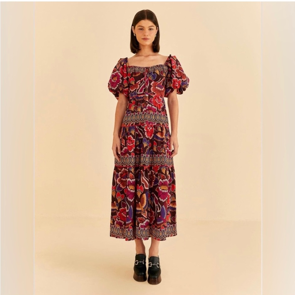 Farm Rio brown flora short sleeve midi dress - M